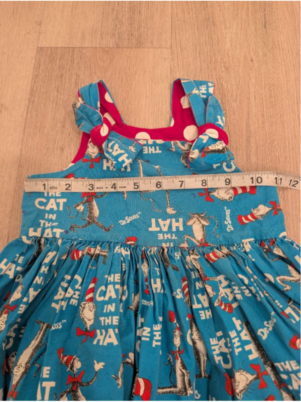 Dr Seuss The Cat in the Hat Dress Girls Size 3T 4T Blue Pink Polka Dot Bows - Picture 7 of 8